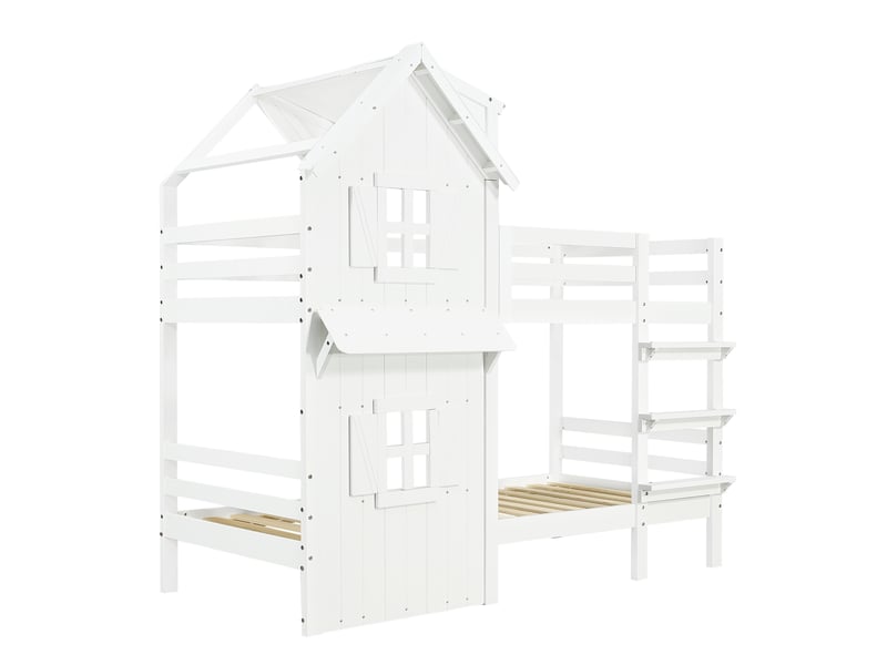  Lit superposé blanc avec garde-corps et échelle, design maisonnette  - Conforama W