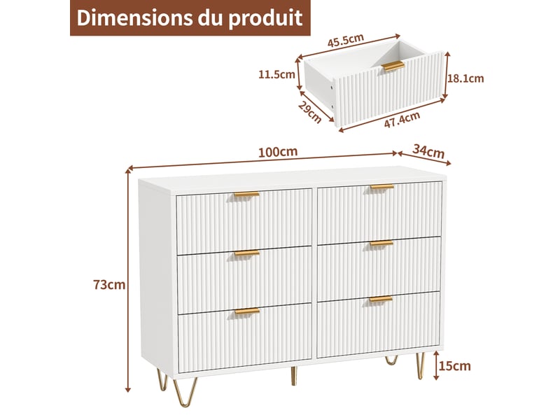  Commode blanche 6 tiroirs, commode chambre meuble de rangement moderne avec poignées et pieds dorés pour salon, chambre, bureau, blanc  - Conforama C
