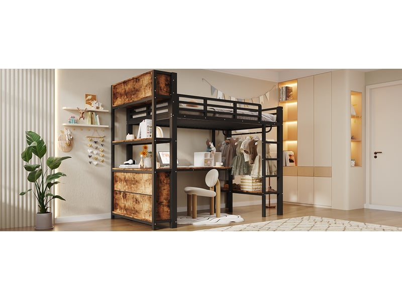  Lit mezzanine 90x200 cm avec bureau, penderie et étagères, en métal, noir, sans matelas  - Conforama D