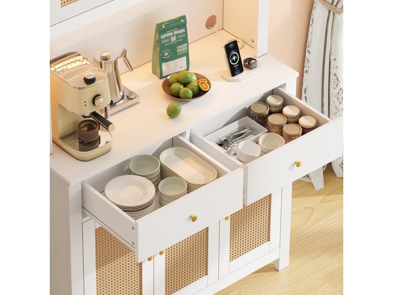 Buffet de cuisine blanc 100 cm avec led rgb, prises 2 ac et 2 usb, 5 portes et 2 tiroirs en mdf pour séjour - Conforama D