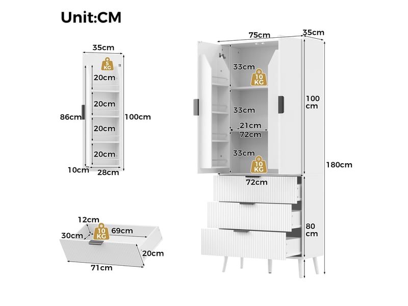  Armoire haute de rangement avec 2 portes et 3 tiroirs -  étagères réglables, mdf blanc  - Conforama D