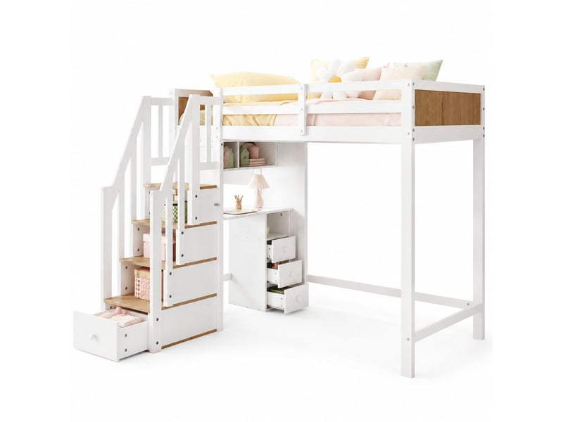 Lit mezzanine enfant 90x200 cm avec bureau et rangements, blanc et naturel - Conforama A