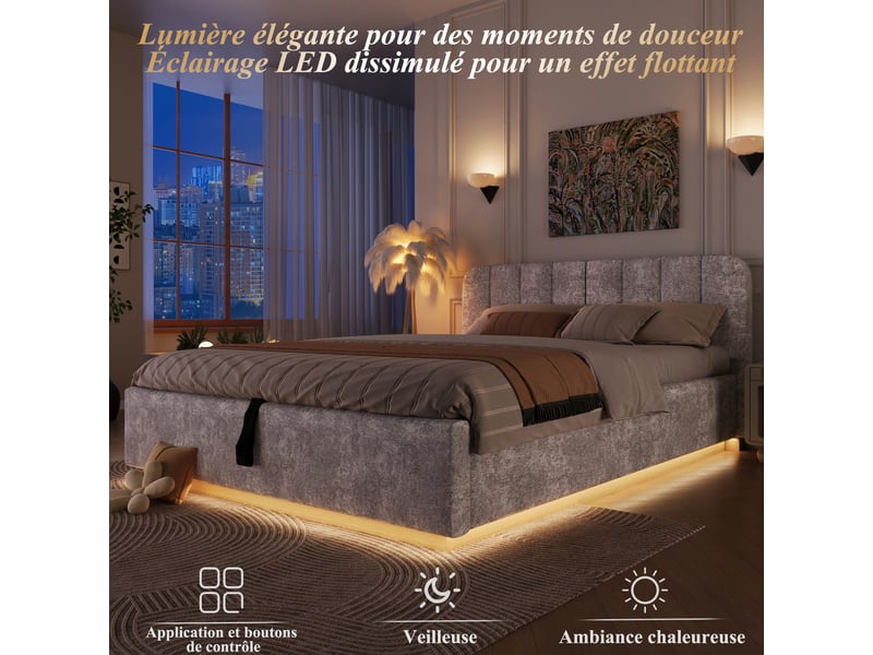 Lit coffre 140x200 cm gris clair, tissu chenille, sommier relevable hydraulique, led contrôlée par appli, sommier à lattes inclus  - Conforama D