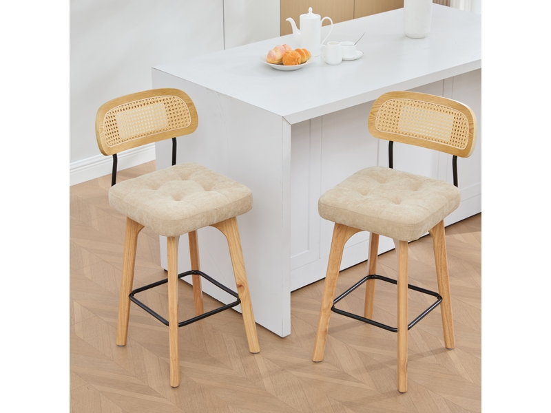 Lot de 2 tabourets de bar pivotants 360° en tissu beige, dossier en paille, style vintage pour cuisine - Conforama B