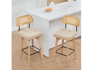 Lot de 2 tabourets de bar pivotants 360° en tissu beige, dossier en paille, style vintage pour cuisine