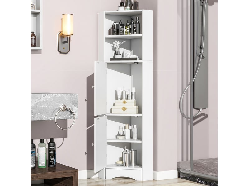  Meuble d'angle de salle de bain 36.5x36.5x155 cm avec tablette réglable panneau de particules blanc  - Conforama B