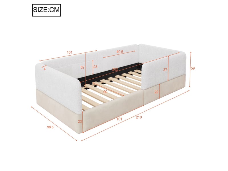  Lit 90x200 cm, lit plateforme rembourré avec barrière de sécurité, rangement intégré, coloris blanc  - Conforama C