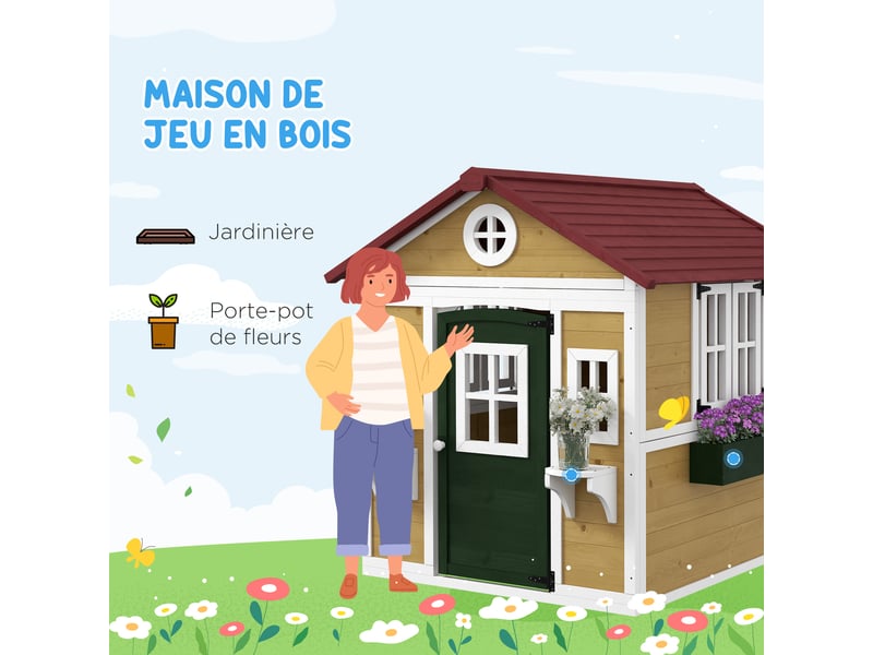  Cabane enfant extérieur maison enfant extérieure avec porte fenêtres et jardinières beige 114 x 126,4 x 135 cm  - Conforama A