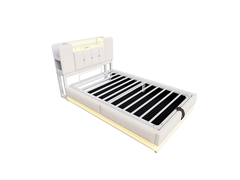  Lit coffre 90x200, rembourré lit une personne, ouverture hydraulique assistée, rangement tête de lit, revêtement velours, led, ports usb  - Conforama A