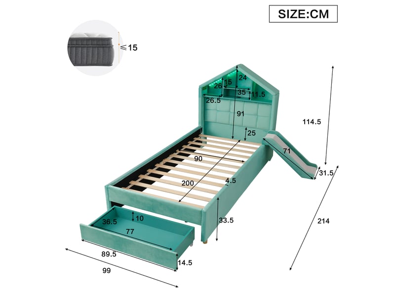  Lit cabane enfant 90x200 cm en velours vert avec toboggan et led, sans matelas  - Conforama C