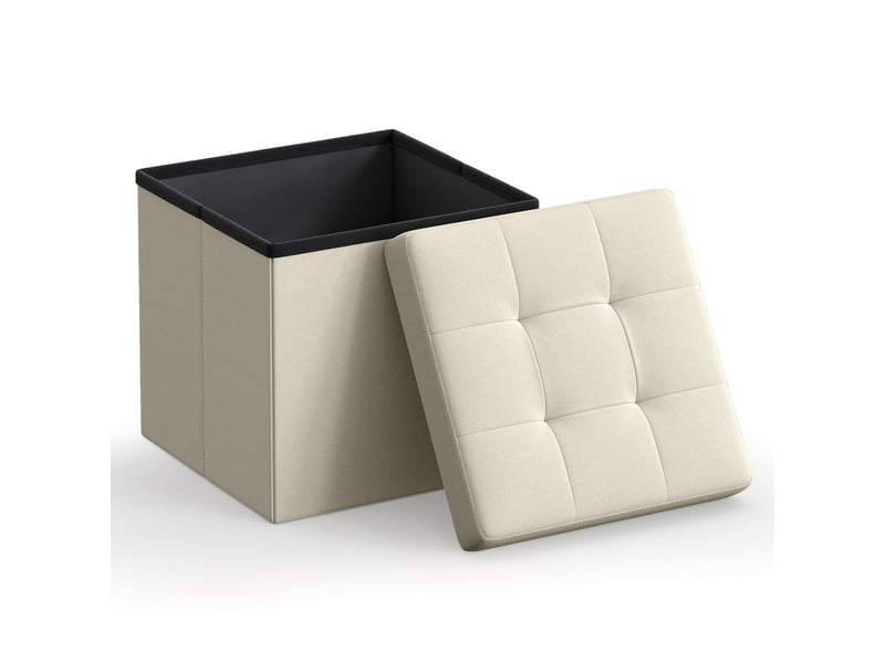  Pouf de rangement pliable en tissu effet lin blanc crème  - Conforama B