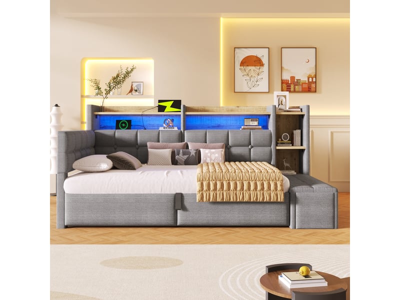  Canapé-lit 90x200 cm, lit enfant, couchage d'appoint, rangement hydraulique, led, velours gris foncé, usb et usb-c  - Conforama A