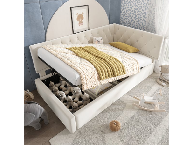  Lit coffre 90x200 cm, lit enfant avec rangement et sommier à lattes en bois, en velours, beige, sans matelas  - Conforama C