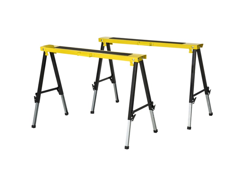 Lot de 2 tréteaux de sciage 100 x 49 x 62-90 cm jaune acier, réglables, pliables, surface antidérapante - Conforama A