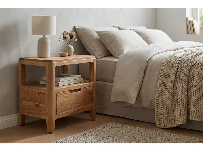 Finebuy table de chevet en bois massif d'acacia 45x35x46cm - console de nuit avec tiroir & étagères ouvertes - table de chevet en bois - table de nuit chambre - commode de nuit design moderne  - Conforama C
