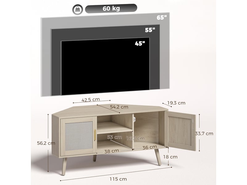  Meuble tv d'angle 115 cm, meuble télé pour téléviseur jusqu'à 65 pouces, chêne, 2 portes en rotin  2 compartiments  - Conforama C