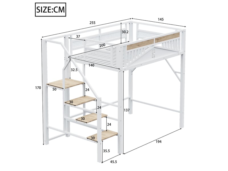Lit mezzanine 140 × 200 cm 2 places avec échelle sécurisée et espace de rangement, sans matelas, métal blanc - Conforama D
