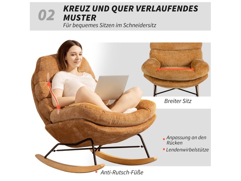  Fauteuil à bascule 80x103x91 cm jaune en polyester, assise rembourrée, structure acier et bois, détente  - Conforama E
