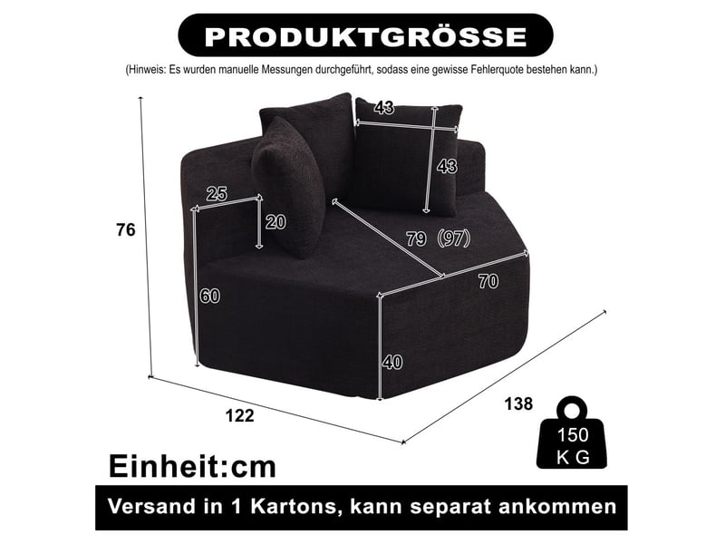 Fauteuil hexagonal 1 place - fauteuil cabriolet modulaire individuel sans montage en chenille avec 3 coussins - noir - Conforama E