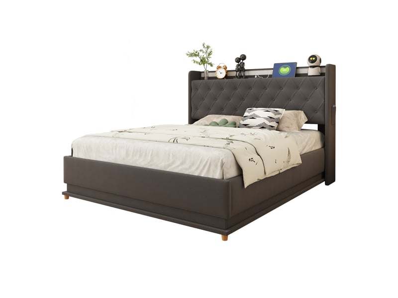 Lit capitonné led 140*200 cm avec usb, rangement hydraulique et éclairage multicolore, lin gris confort  - Conforama A