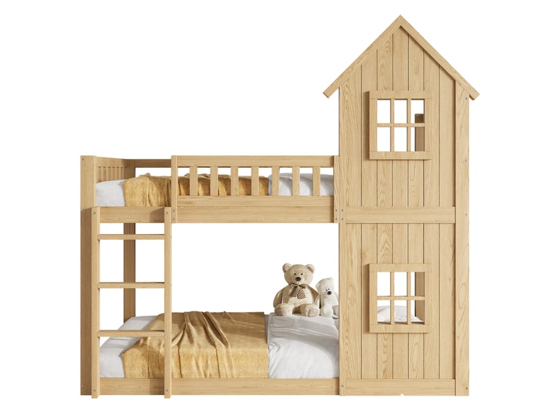  Lit superposé enfant 90x200 cm forme maison avec 2 fenêtres et escalier 3 marches, bois et mdf, naturel sans matelas  - Conforama A