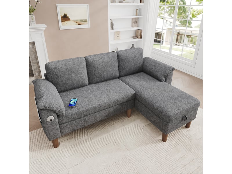  Canapé d'angle en l 3 places avec méridienne et coffre de rangement, tissu chenille gris clair, ports usbtype-c pour salon moderne  - Conforama B