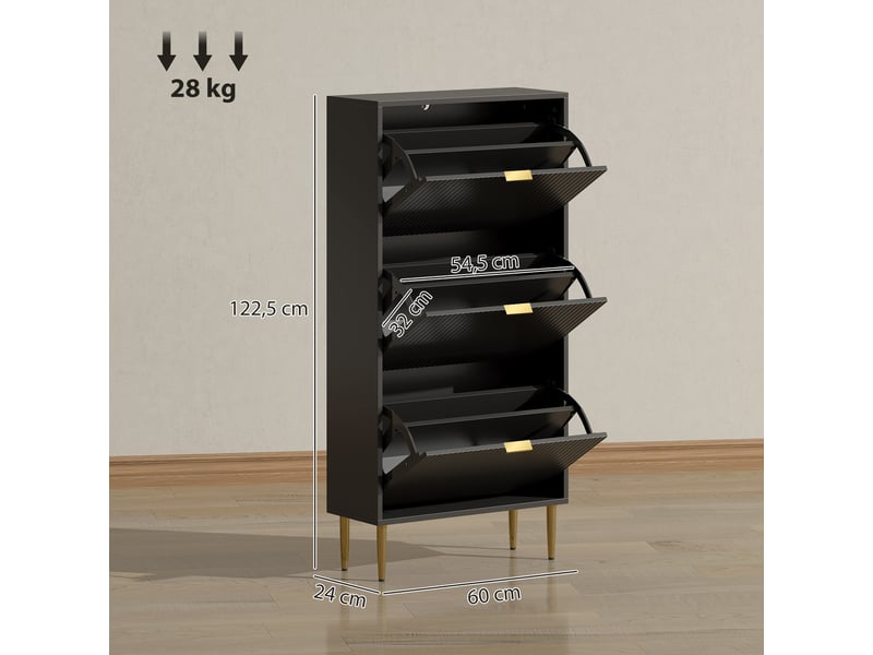  Meuble à chaussures 18 paires avec 3 tiroirs rabattables, portes cannelées et étagères réglables, 60x24x122,5cm, noir  - Conforama D