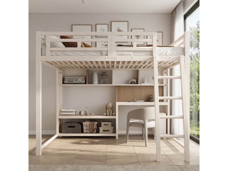  Lit mezzanine 140 x 200, avec bureau, éclairage led et étagères de rangement, noir  - Conforama B