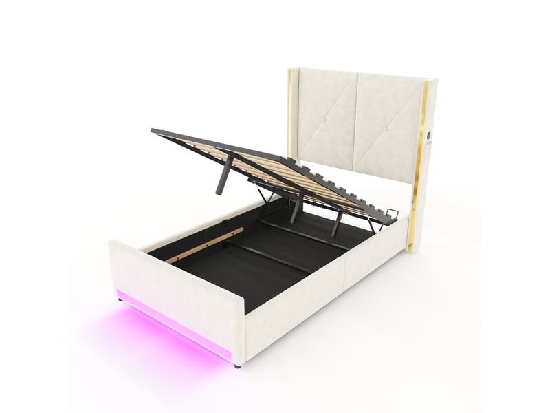  Lit velours 90x200cm tête haute matelassée, poches latérales, usb, led, rangement hydraulique  - Conforama D