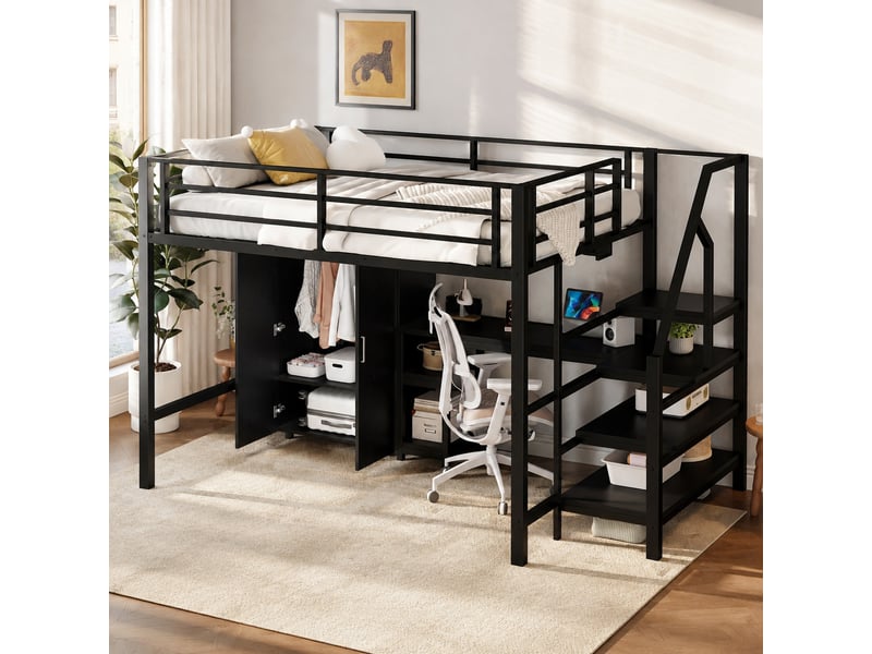  Lit mezzanine enfant 140x200 cm avec bureau, armoire et rangements, noir et blanc  - Conforama B