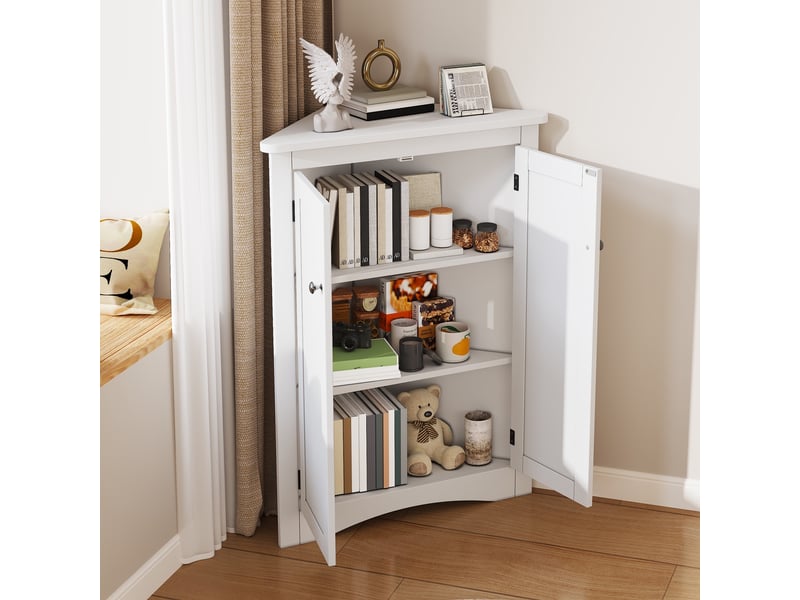  Meuble salle de bain - 61.5x34.5x80cm - armoire de coin autoportante avec 2 portes, 3 niveaux de rangement en bois mdf - blanc  - Conforama D