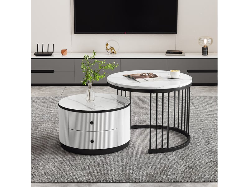 Lot de 2 tables basses gigognes rondes avec 2 tiroirs, effet marbre brillant, blanc et noir - Conforama B