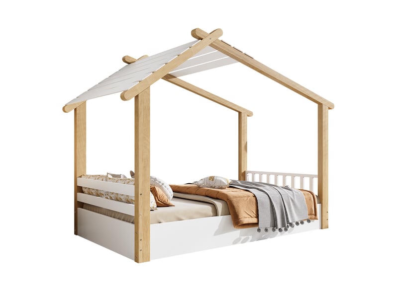  Lit cabane 90x200 cm, lit enfant pour chambre de garçon et fille style scandinave, en bois de pin massif et mdf, sommier à lattes, blanc et naturel  - Conforama A