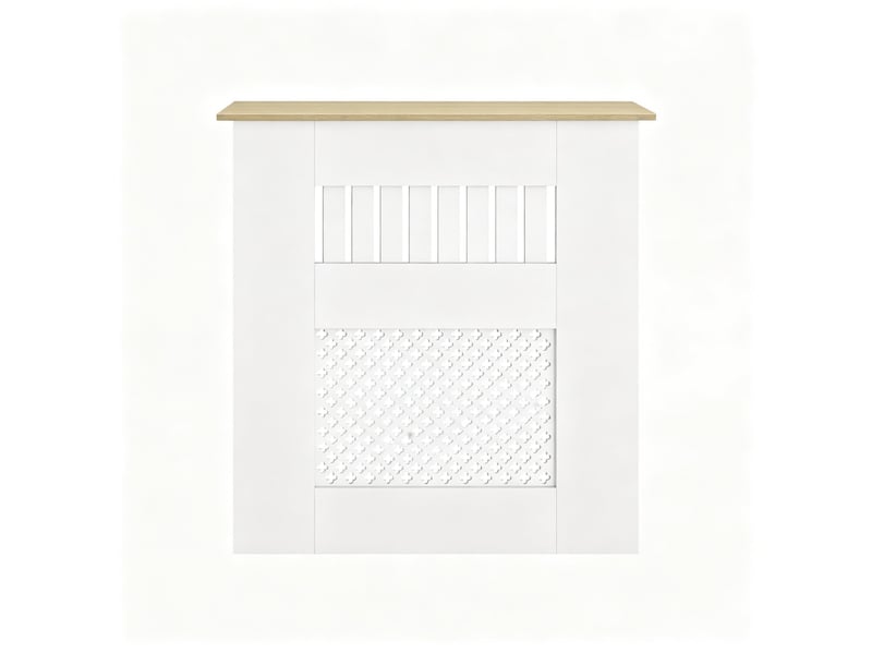 Cache-radiateur blanc 78x19x81 cm, design moderne à lamelles et motif nid d’abeille  - Conforama A