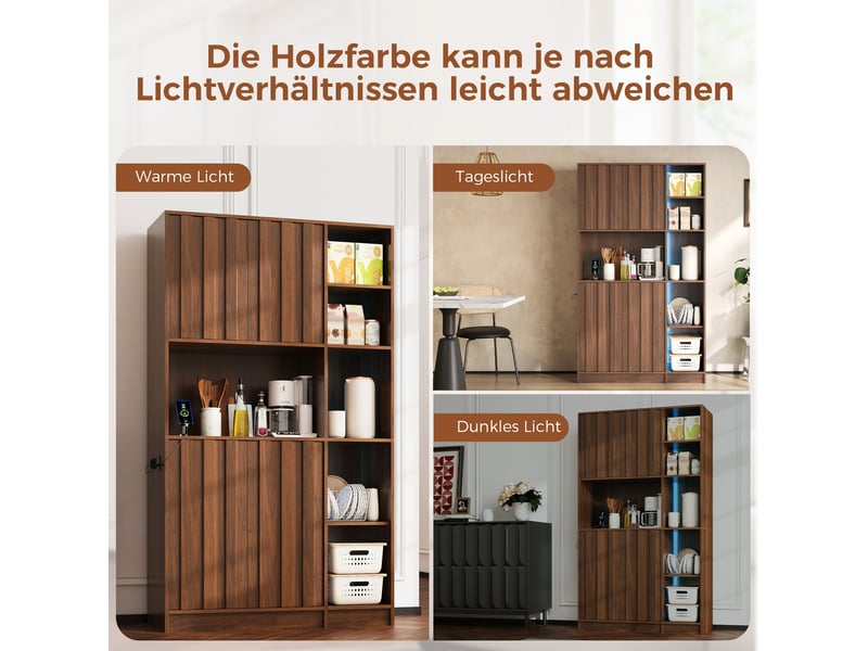 Buffet de cuisine haut avec 2 portes et étagères ouvertes, led rvb et prises pour cuisine et salle à manger en mdf noyer - Conforama E