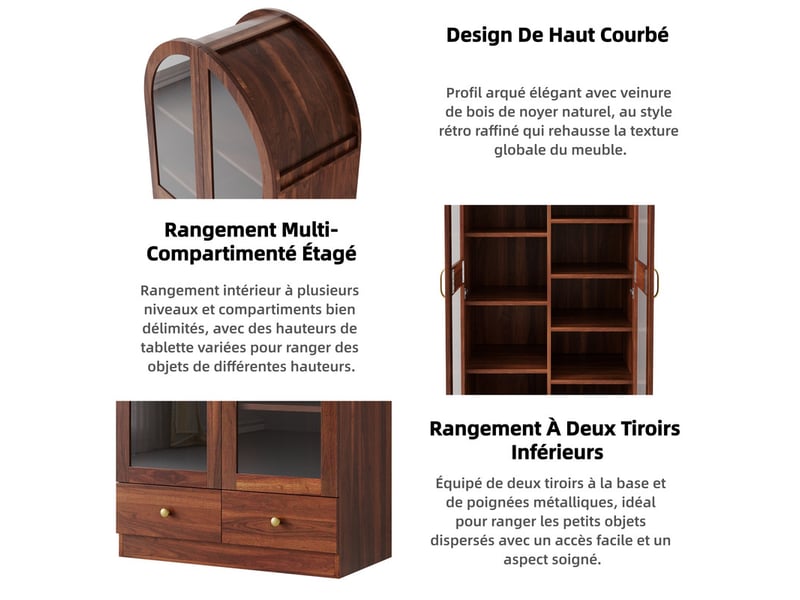  Vitrine multifonctionnelle, bibliothèque arquée, partie supérieure arquée, poignées noires, noyer, 76 × 40 × 180 cm  - Conforama E
