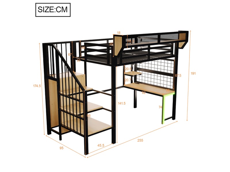 Lit mezzanine 90x200 cm, lit enfant, led, bureau, rangement, charge, échelle, garde-corps, métal+mdf, noir sans matelas - Conforama C
