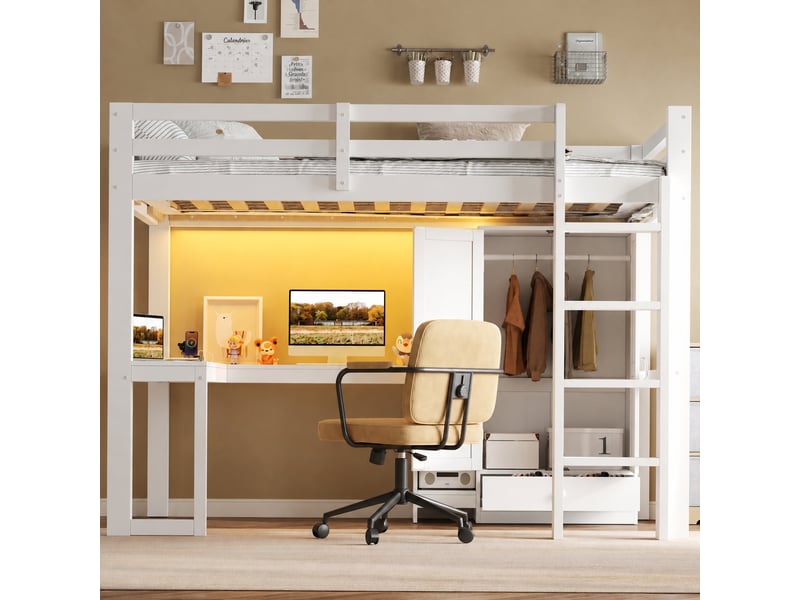  Lit mezzanine 90x200 avec bureau, étagères, armoire, prise usb et éclairage led blanc  - Conforama E