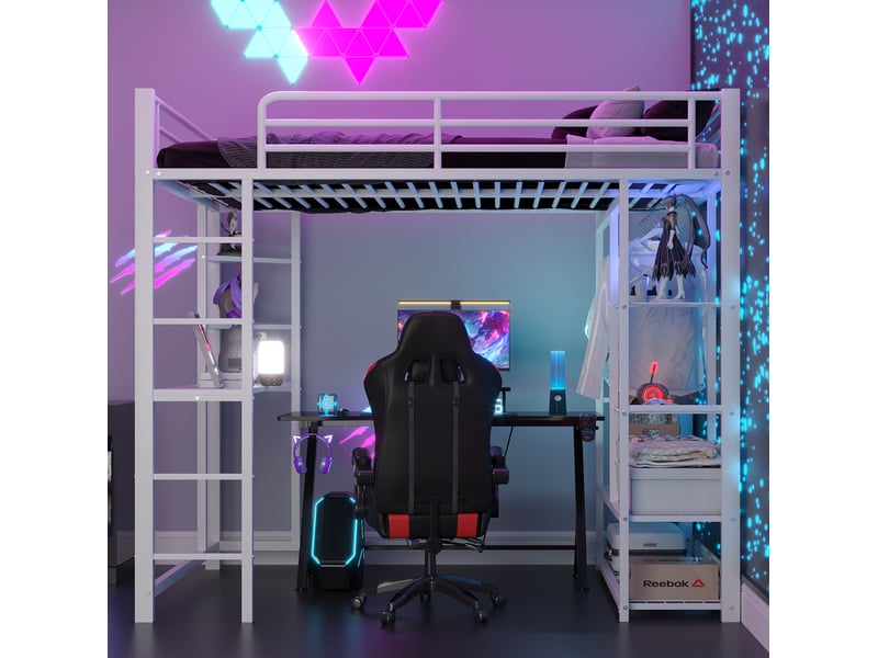  Lit mezzanine enfant 90x200 cm avec échelle, bureau, rangements et penderie blanc  - Conforama E