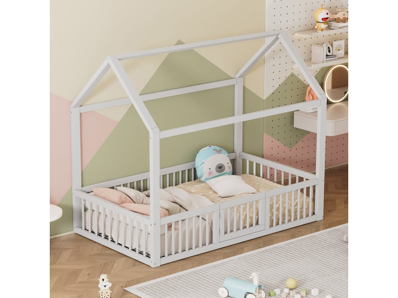  Lit cabane enfant 90x200 en bois massif blanc, lit maison avec petite porte et barrière de sécurité, sommier à lattes inclus pour chambre  - Conforama E