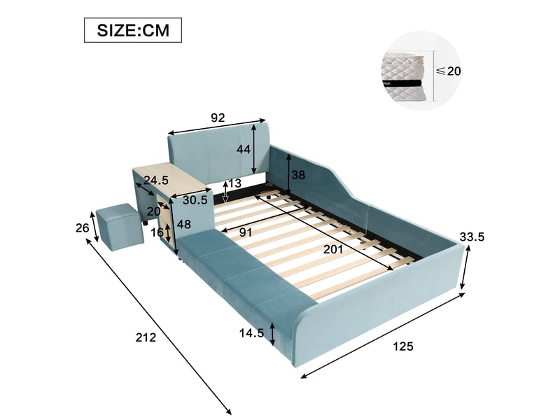  Lit enfant 90x200 cm en velours bleu avec bureau, tabouret et rangement  - Conforama C