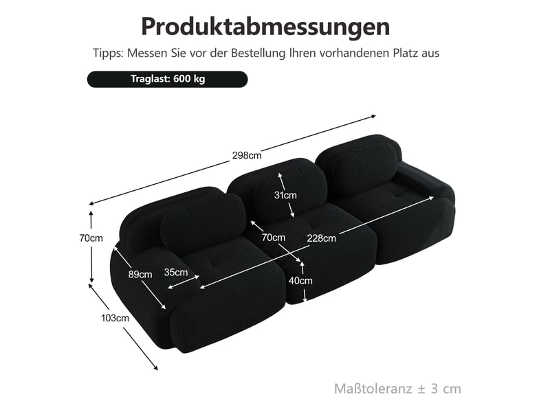  Canapé modulable modenvie 3 places sans cadre en velours côtelé noir 298 x 103 x 70 cm  - Conforama C