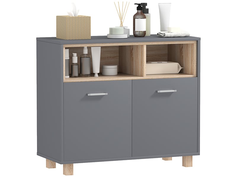  Meuble de salle de bain moderne avec étagères ouvertes et compartiment de rangement à 2 portes, 80 x 35 x 70 cm, gris  - Conforama A