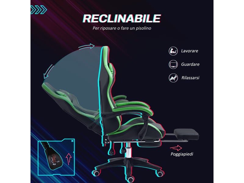 Chaise gaming avec repose-pieds réglable en hauteur, dossier inclinable 135°, noir et vert - Conforama R
