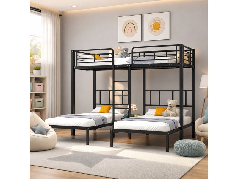  Lit superposé triple tcqpz 90 x 200 cm métal noir avec échelle et table  - Conforama E