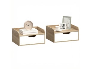 Lot de 2 tables de chevet murales, tables de nuit avec tiroir et plateau à rebords surélevés, 40x30x19,5cm, bois naturel