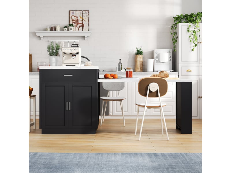 Îlot de cuisine avec table extensible pour 4 à 6 personnes, noir et effet marbre, prises électriques, rangement - Conforama B