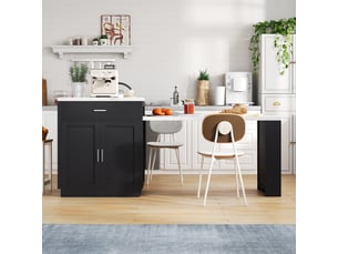 Îlot de cuisine avec table extensible pour 4 à 6 personnes, noir et effet marbre, prises électriques, rangement