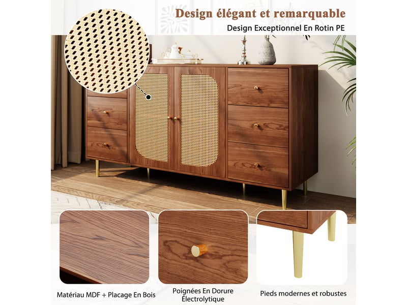  Buffet 160x40x90cm, armoire de rangement avec 2 portes en rotin pe, 6 tiroirs, meuble salon, meuble cuisine, mdf, naturel  - Conforama D