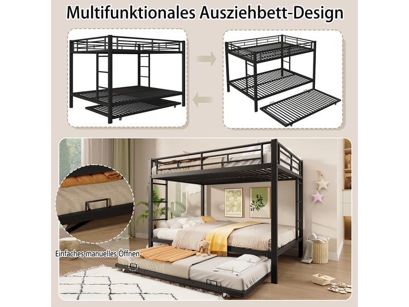  Lit superposé 140 x 200 cm, structure fer, avec lit gigogne, barrières hautes, noir, sans matelas  - Conforama D